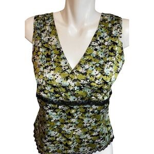 Amanda Smith Sleeveless Silk Top Women's Size 8 Geen Black Lace Hem and Waist